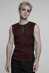 Black/Red Round Collar Sheer Mesh Color Matching Rivet Men's Punk Vest